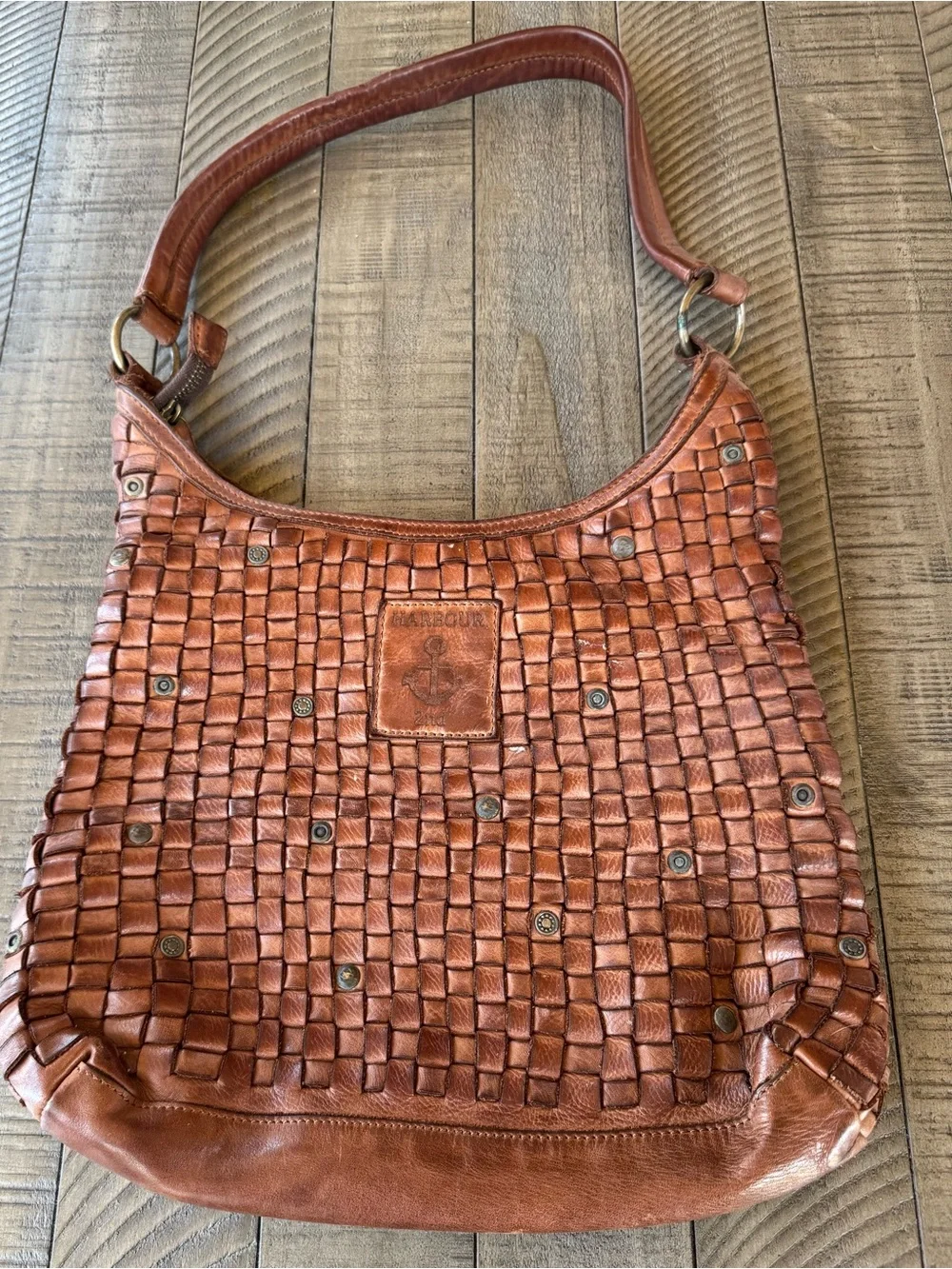 Harbour 2nd Tuula Woven Leather Riveted Distressed Hobo Shoulder Bag Purse
